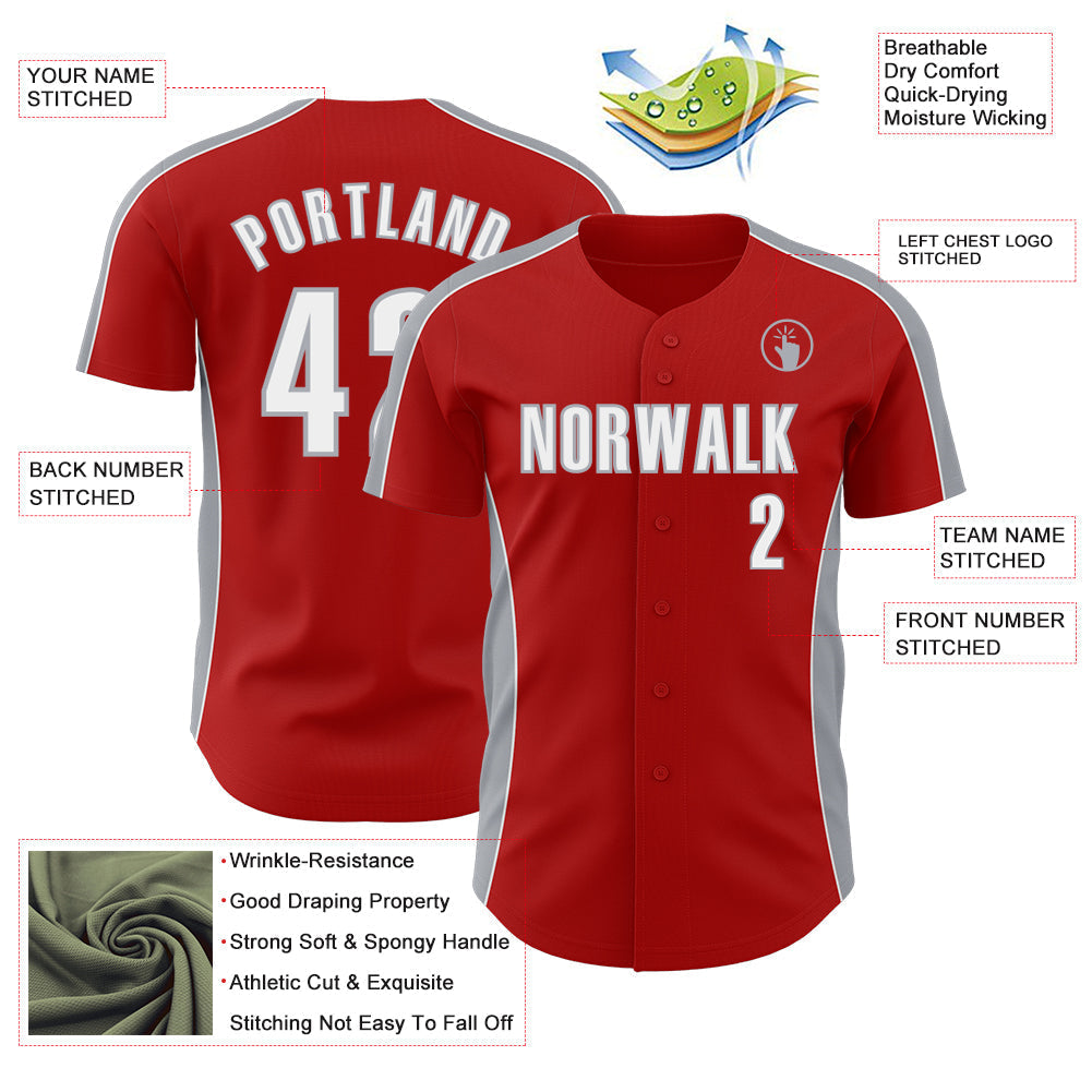 Custom Red White-Gray Classic Color Block Side Panel Stripe Authentic Baseball Jersey baseball jersey product view 3