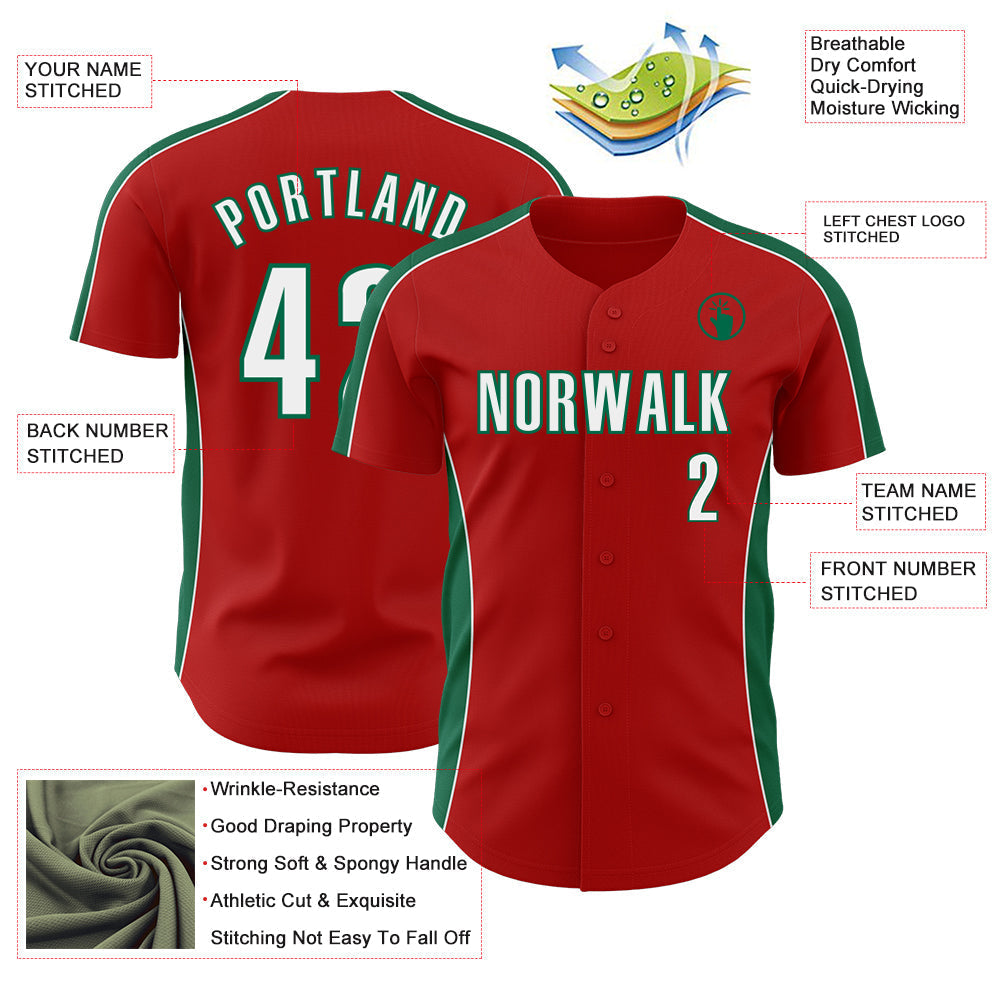 Custom Red White-Kelly Green Classic Color Block Side Panel Stripe Authentic Baseball Jersey baseball jersey product view 3