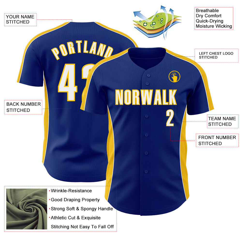 Custom Royal White-Yellow Classic Color Block Side Panel Stripe Authentic Baseball Jersey baseball jersey product view 3
