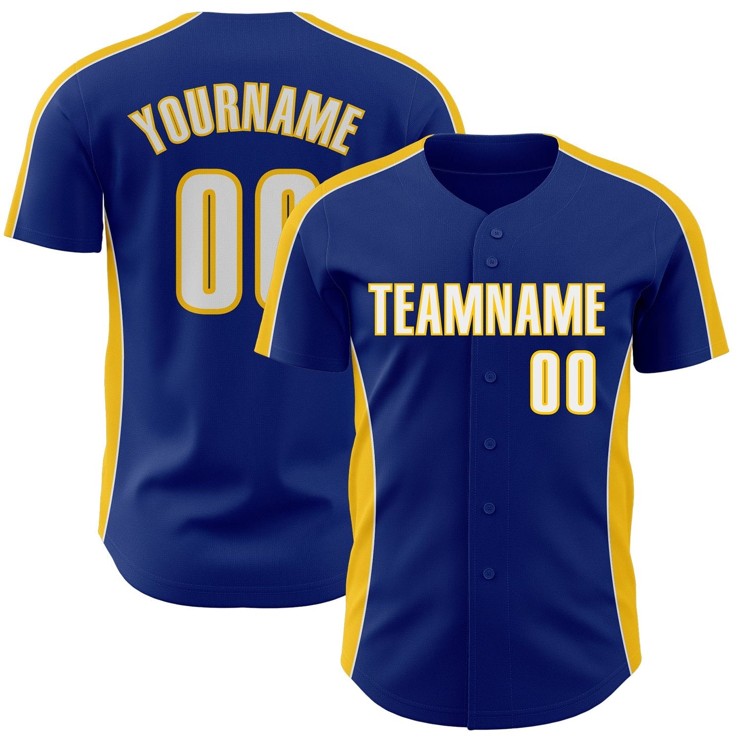 Custom Royal White-Yellow Classic Color Block Side Panel Stripe Authentic Baseball Jersey baseball jersey product view 1