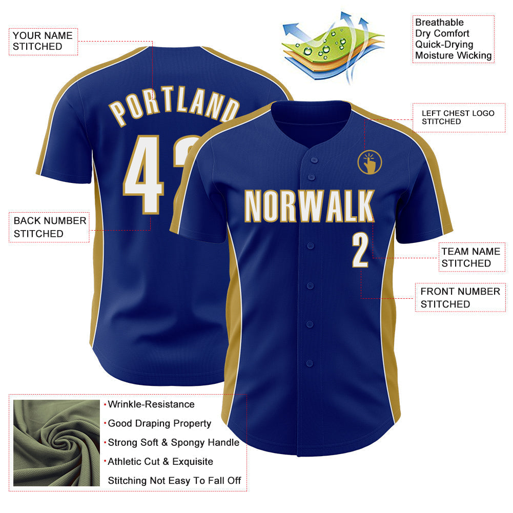 Custom Royal White-Old Gold Classic Color Block Side Panel Stripe Authentic Baseball Jersey baseball jersey product view 3