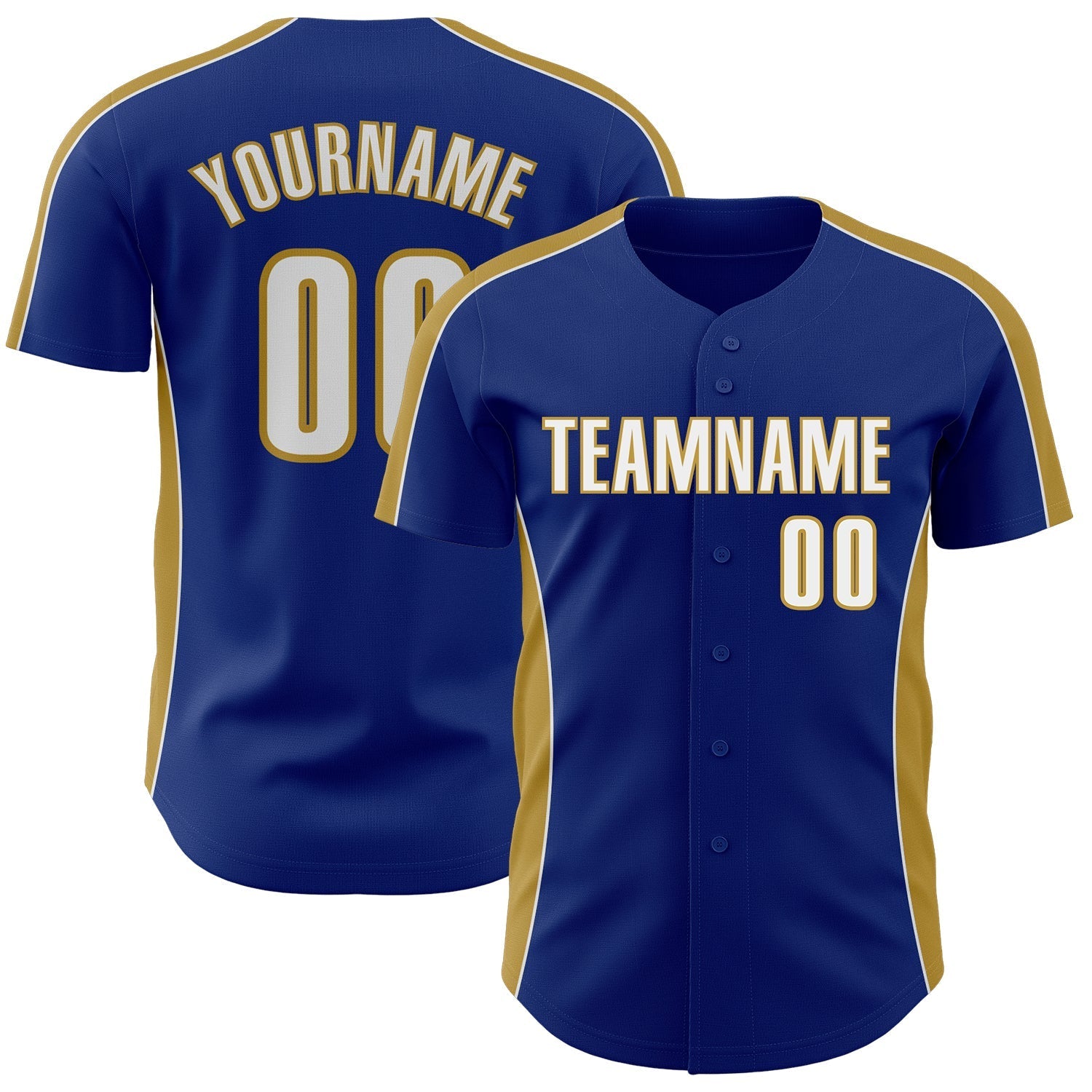 Custom Royal White-Old Gold Classic Color Block Side Panel Stripe Authentic Baseball Jersey baseball jersey product view 1