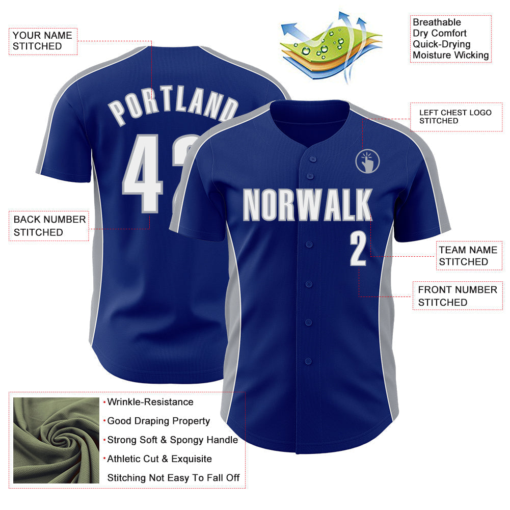Custom Royal White-Gray Classic Color Block Side Panel Stripe Authentic Baseball Jersey baseball jersey product view 3