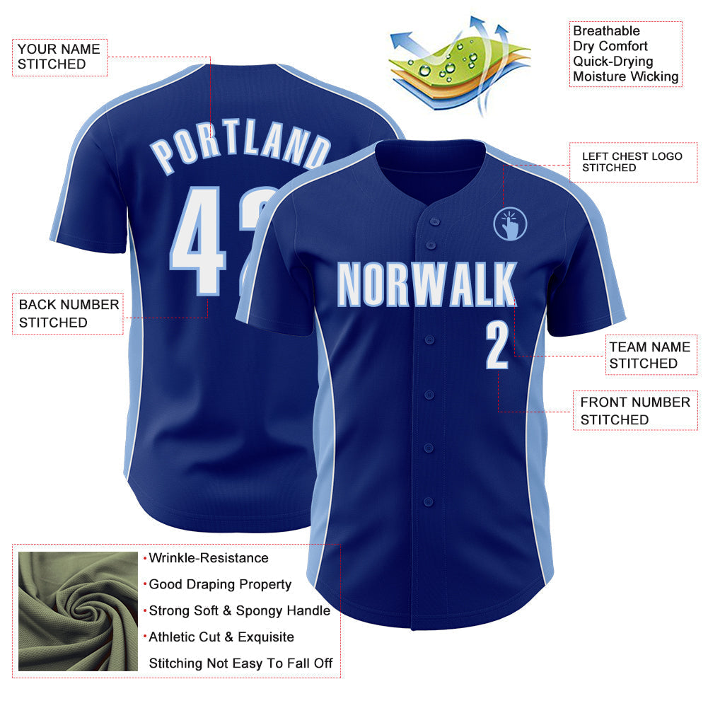 Custom Royal White-Light Blue Classic Color Block Side Panel Stripe Authentic Baseball Jersey baseball jersey product view 3