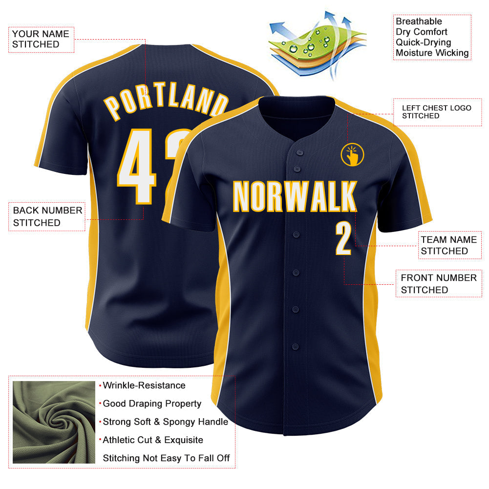Custom Navy White-Gold Classic Color Block Side Panel Stripe Authentic Baseball Jersey baseball jersey product view 3