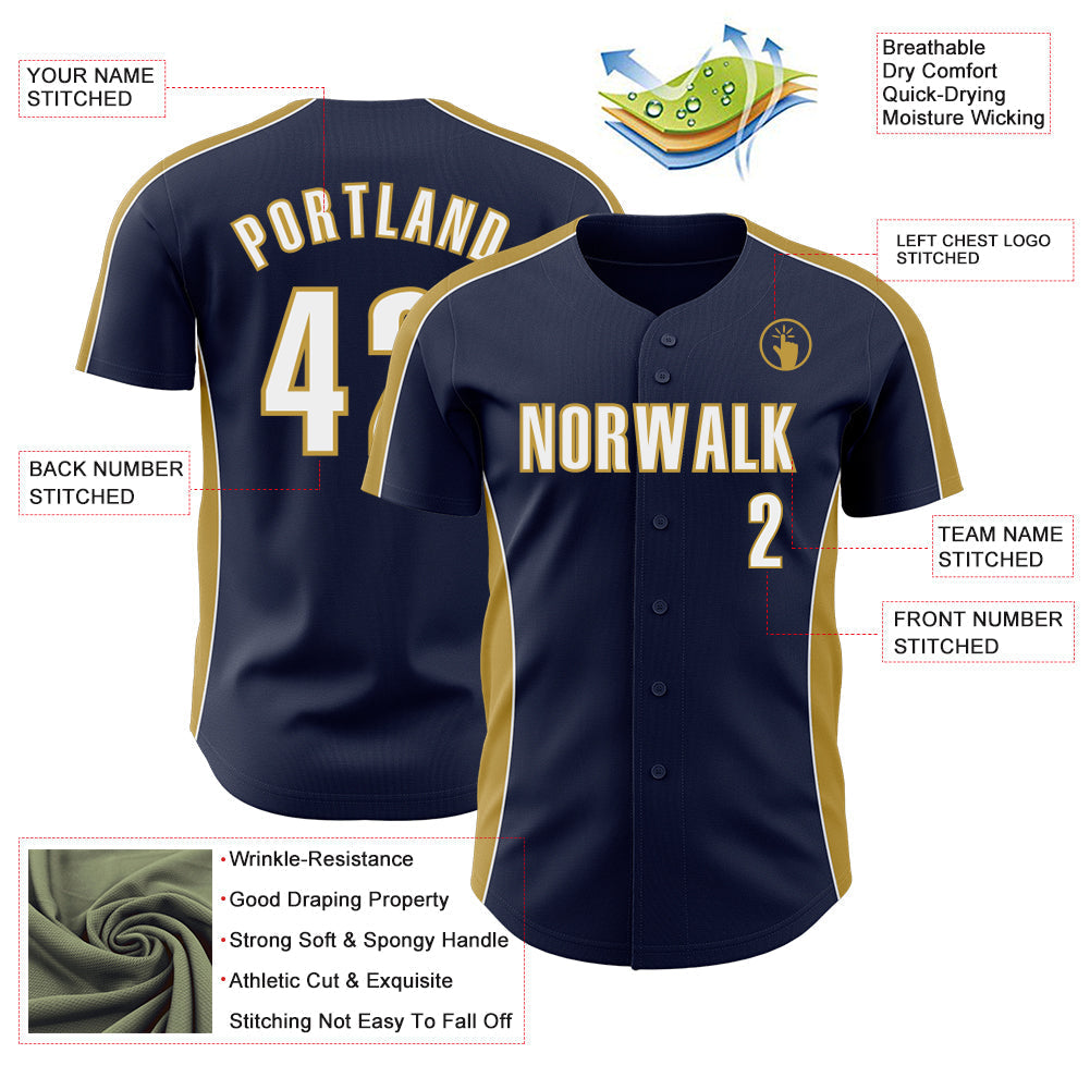 Custom Navy White-Old Gold Classic Color Block Side Panel Stripe Authentic Baseball Jersey baseball jersey product view 3