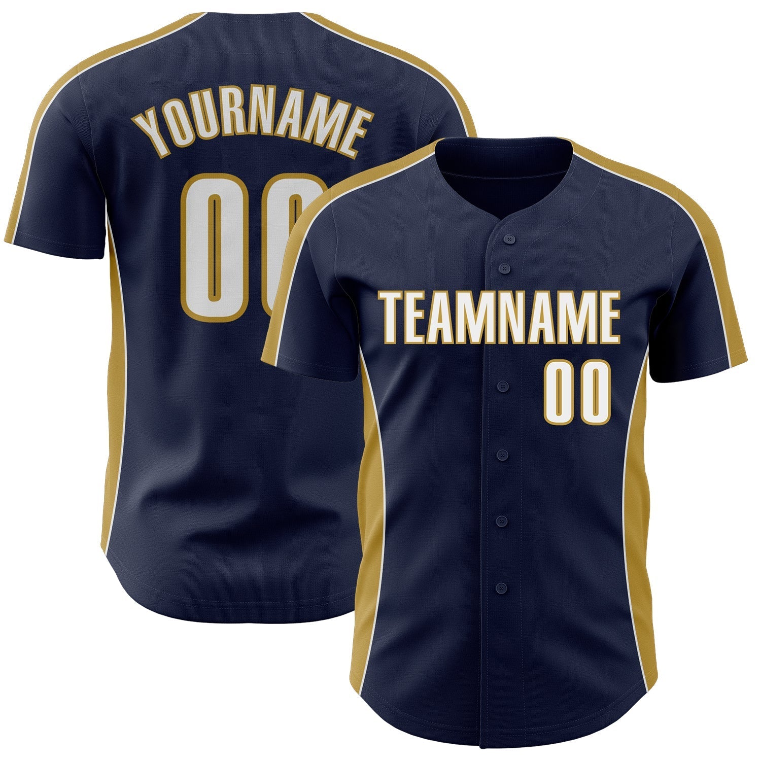 Custom Navy White-Old Gold Classic Color Block Side Panel Stripe Authentic Baseball Jersey baseball jersey product view 1