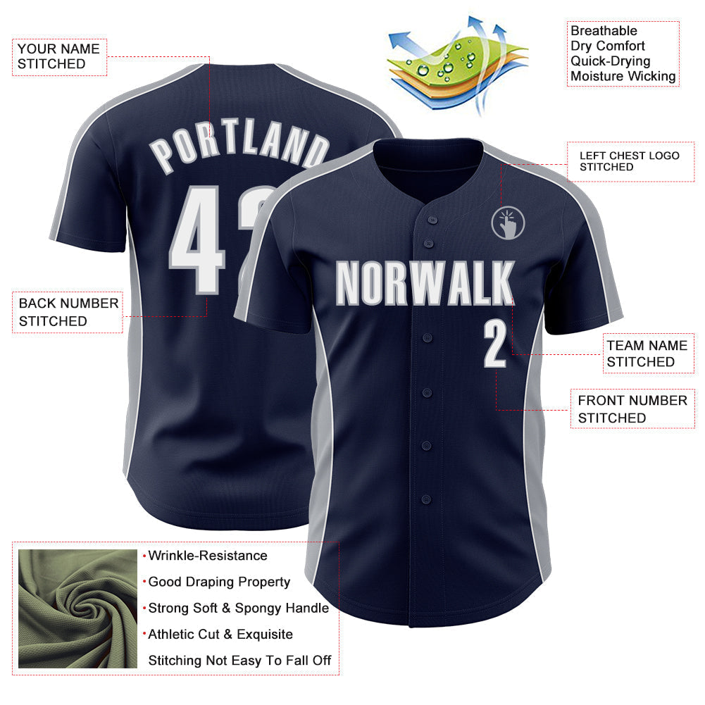 Custom Navy White-Gray Classic Color Block Side Panel Stripe Authentic Baseball Jersey baseball jersey product view 3