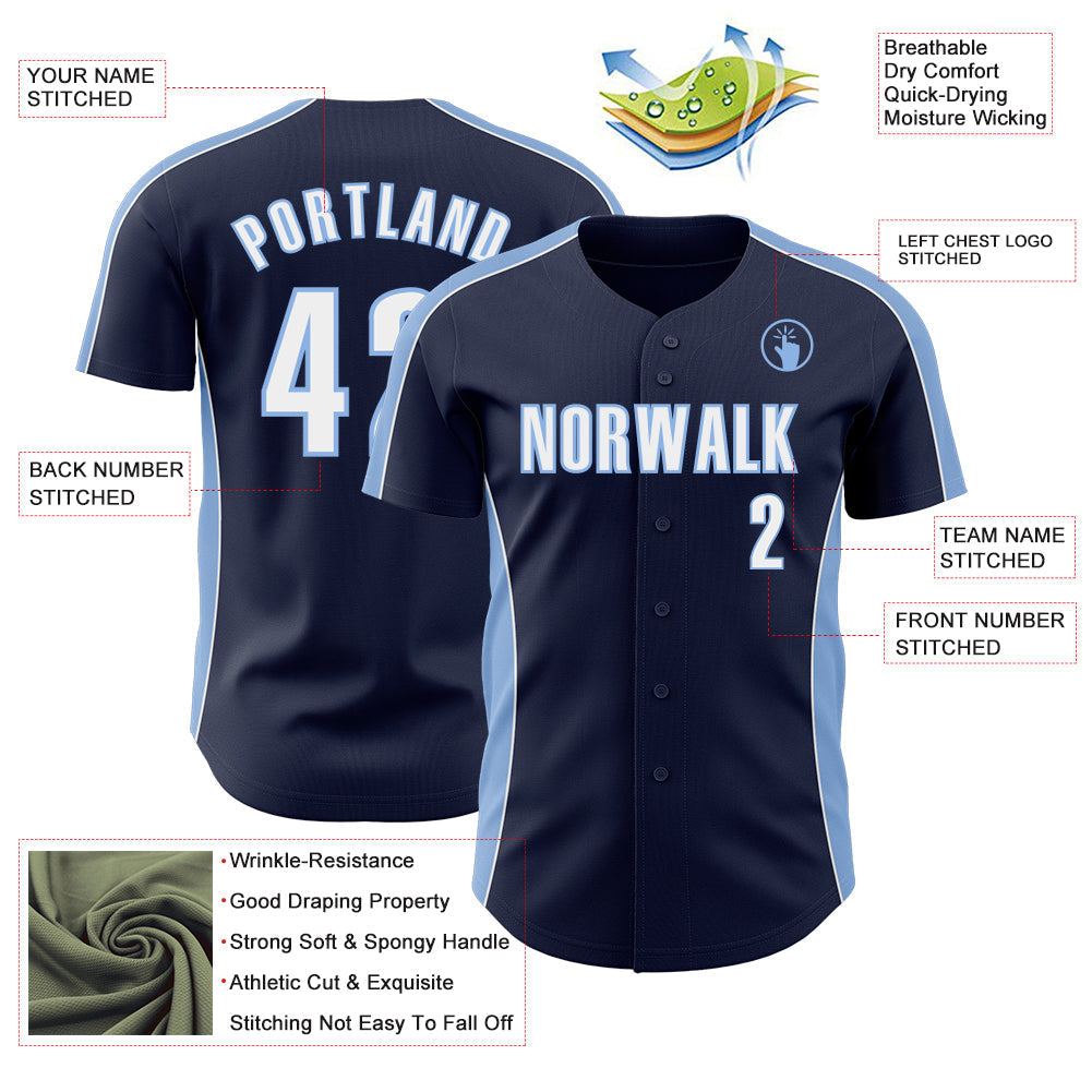 Custom Navy White-Light Blue Classic Color Block Side Panel Stripe Authentic Baseball Jersey baseball jersey product view 3