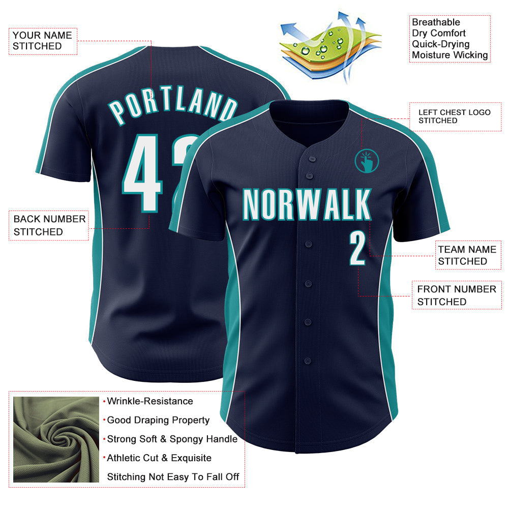 Custom Navy White-Teal Classic Color Block Side Panel Stripe Authentic Baseball Jersey baseball jersey product view 3
