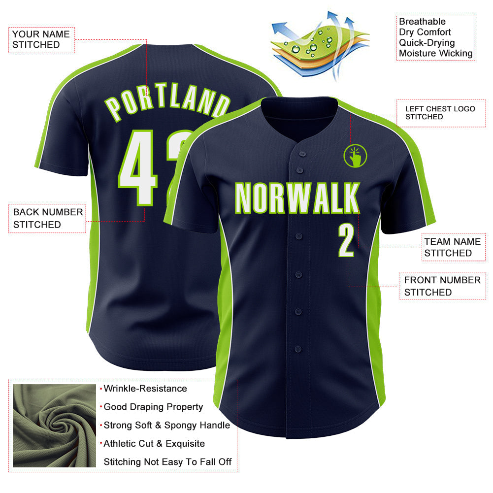 Custom Navy White-Neon Green Classic Color Block Side Panel Stripe Authentic Baseball Jersey baseball jersey product view 3