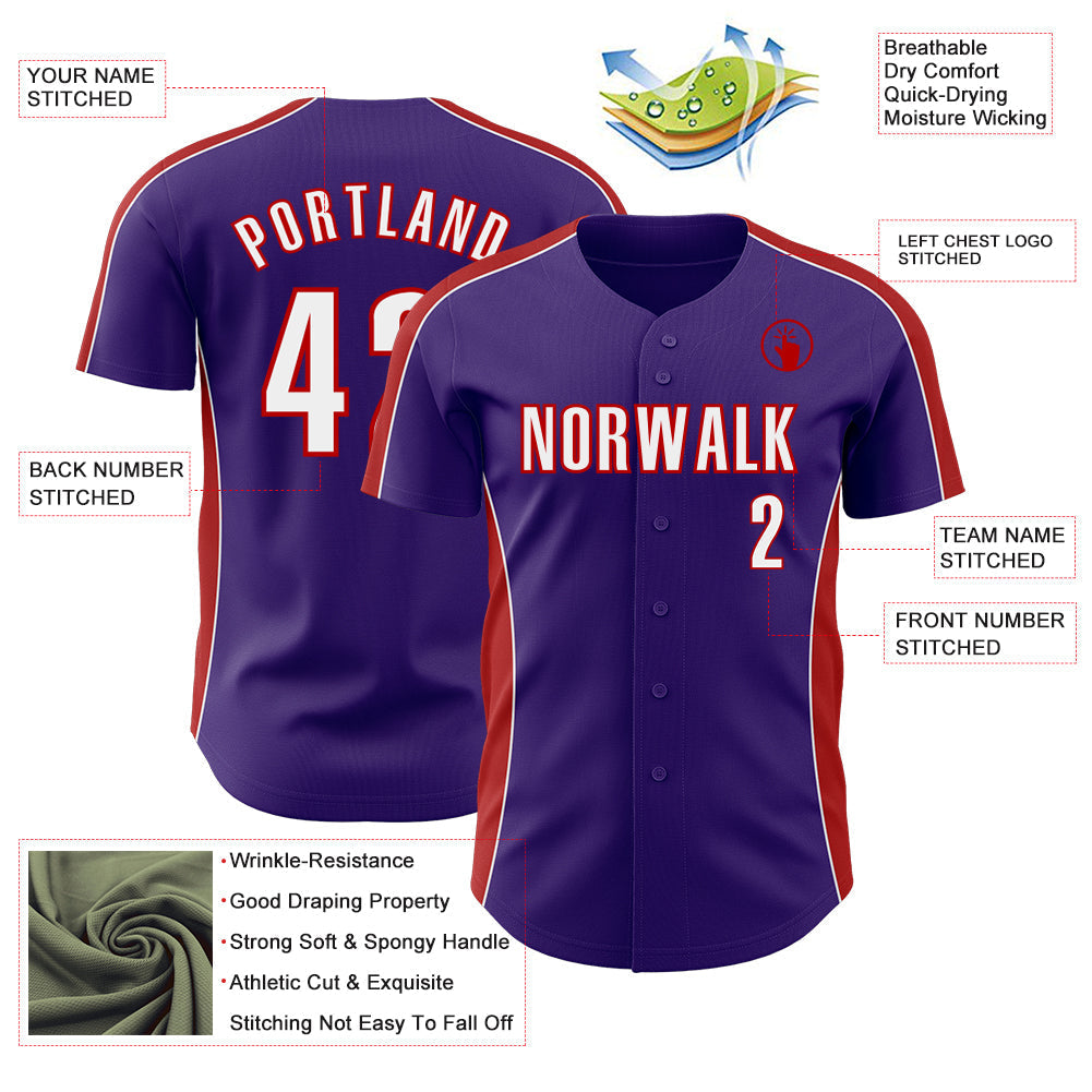 Custom Purple White-Red Classic Color Block Side Panel Stripe Authentic Baseball Jersey baseball jersey product view 3