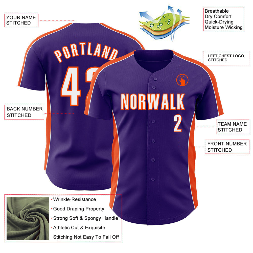 Custom Purple White-Orange Classic Color Block Side Panel Stripe Authentic Baseball Jersey baseball jersey product view 3