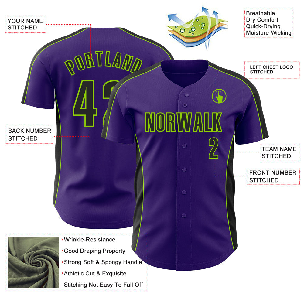 Custom Purple Black-Neon Green Classic Color Block Side Panel Stripe Authentic Baseball Jersey baseball jersey product view 3