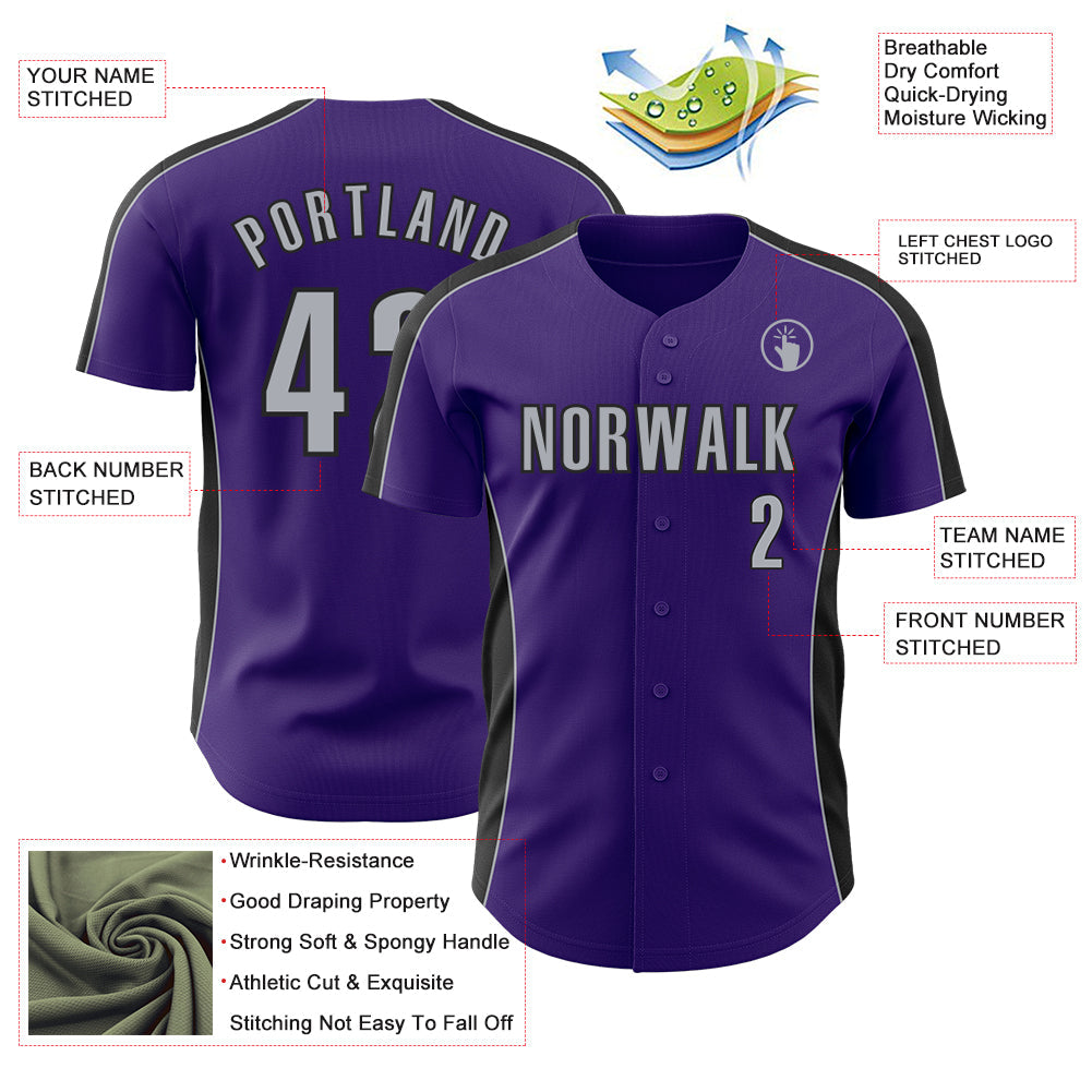 Custom Purple Gray-Black Classic Color Block Side Panel Stripe Authentic Baseball Jersey baseball jersey product view 3