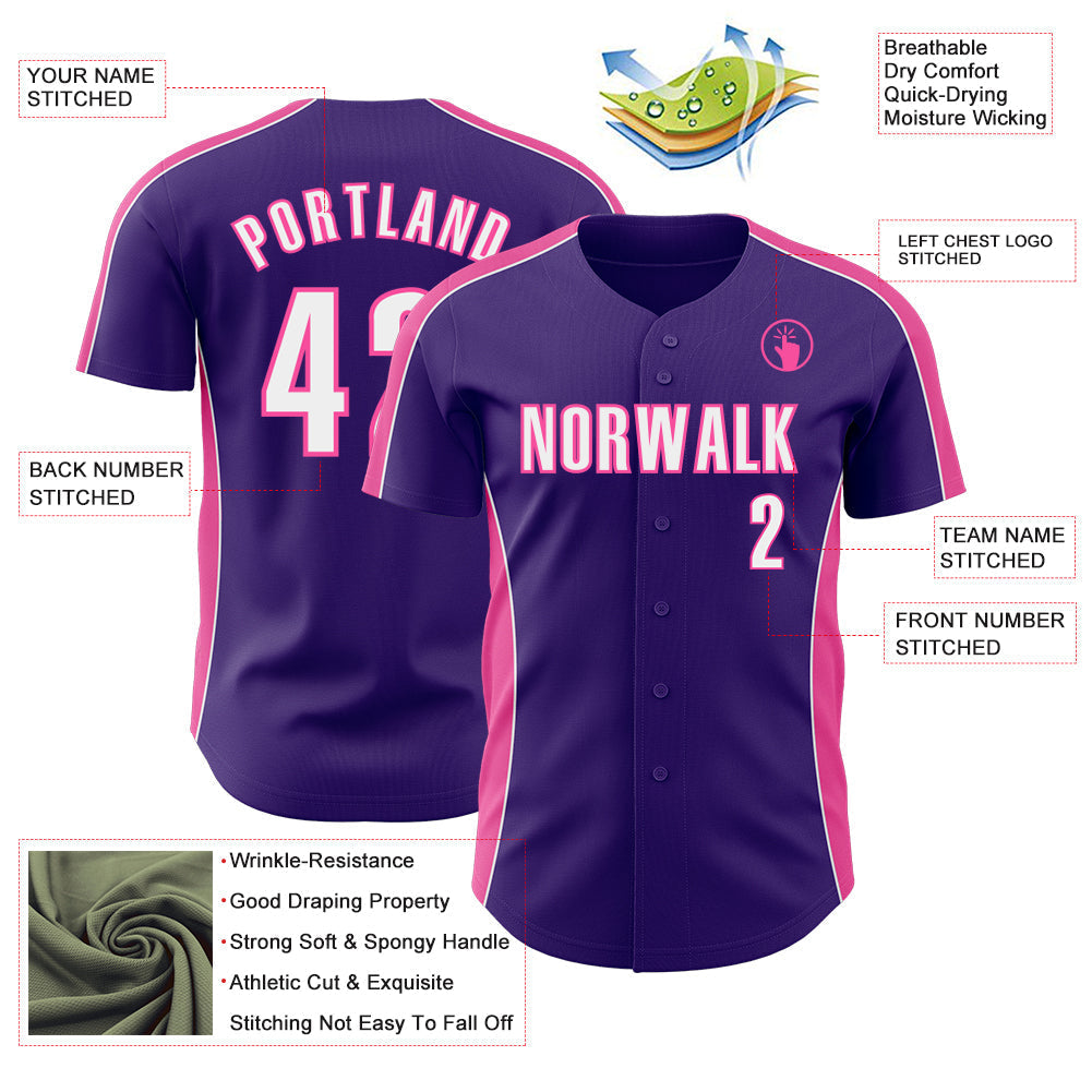 Custom Purple White-Pink Classic Color Block Side Panel Stripe Authentic Baseball Jersey baseball jersey product view 3