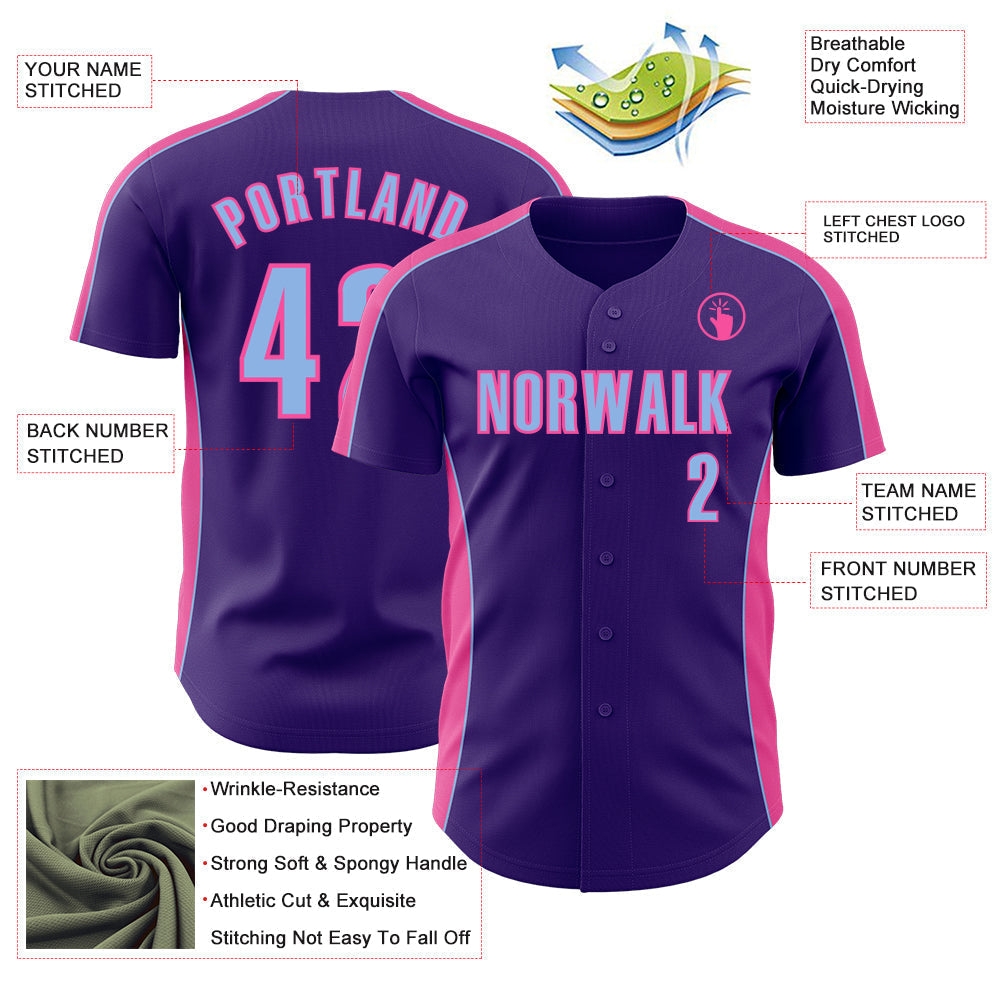 Custom Purple Light Blue-Pink Classic Color Block Side Panel Stripe Authentic Baseball Jersey baseball jersey product view 3