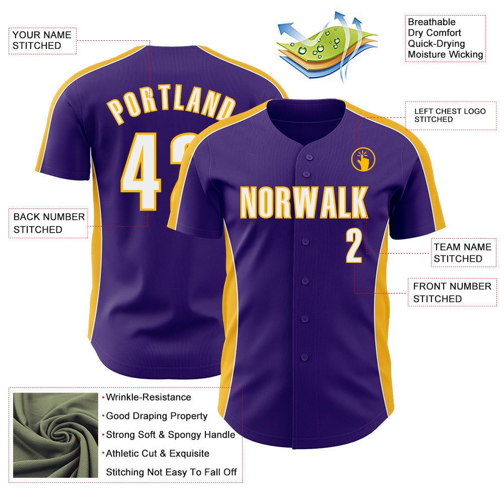 Custom Purple White-Gold Classic Color Block Side Panel Stripe Authentic Baseball Jersey baseball jersey product view 3
