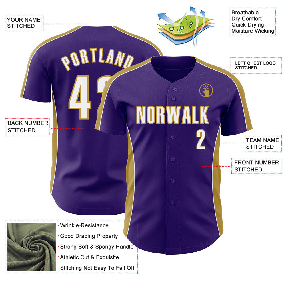 Custom Purple White-Old Gold Classic Color Block Side Panel Stripe Authentic Baseball Jersey baseball jersey product view 3