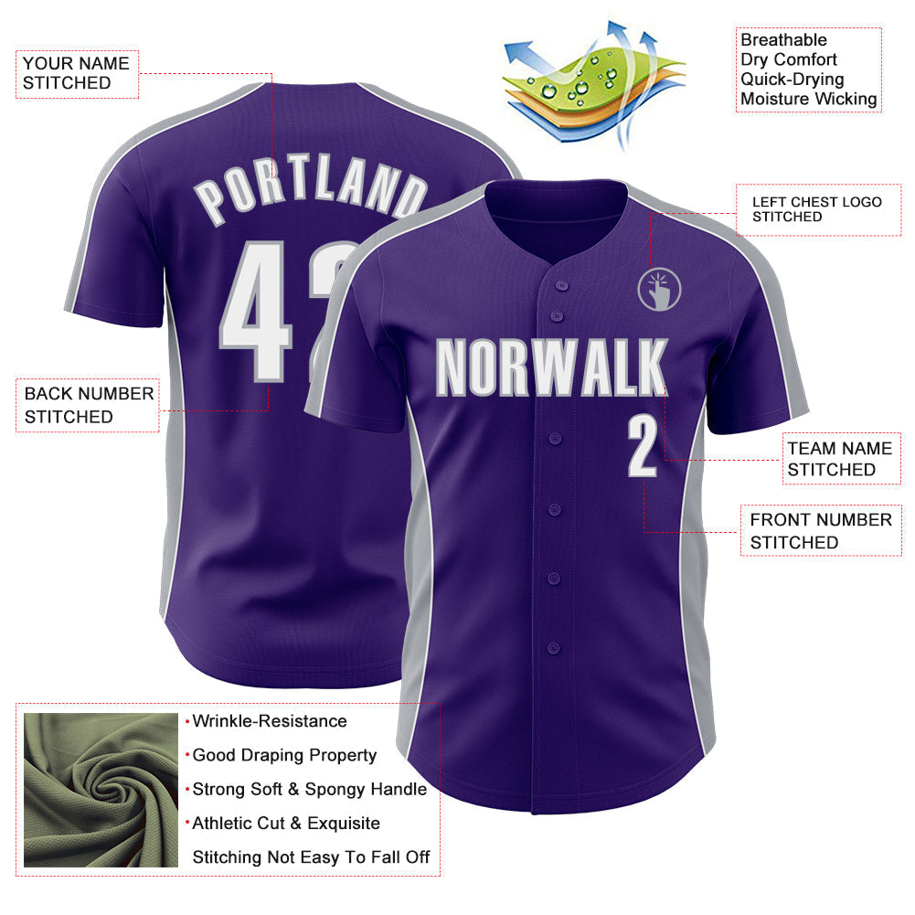 Custom Purple White-Gray Classic Color Block Side Panel Stripe Authentic Baseball Jersey baseball jersey product view 3