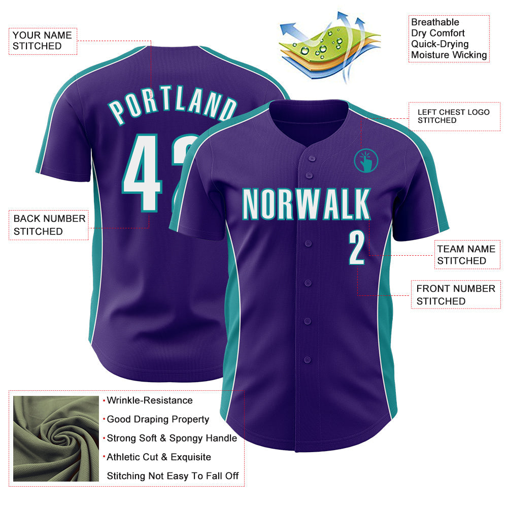 Custom Purple White-Teal Classic Color Block Side Panel Stripe Authentic Baseball Jersey baseball jersey product view 3
