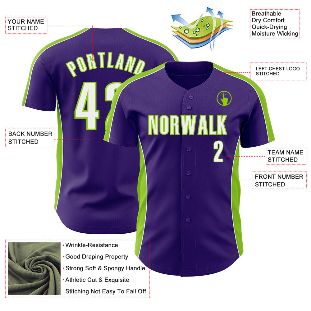 Custom Purple White-Neon Green Classic Color Block Side Panel Stripe Authentic Baseball Jersey baseball jersey product view 3