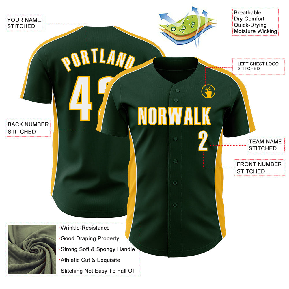 Custom Green White-Gold Classic Color Block Side Panel Stripe Authentic Baseball Jersey baseball jersey product view 3