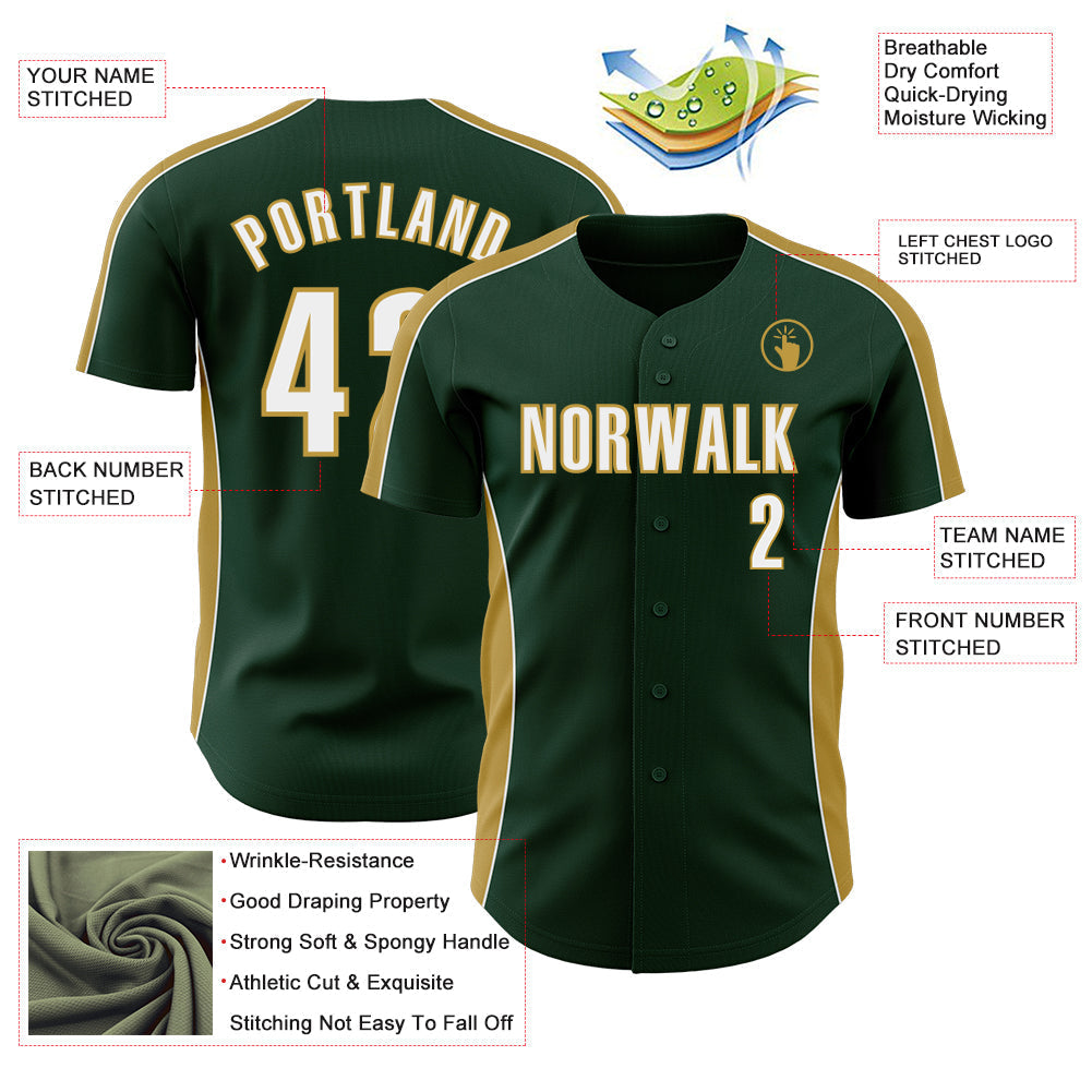 Custom Green White-Old Gold Classic Color Block Side Panel Stripe Authentic Baseball Jersey baseball jersey product view 3