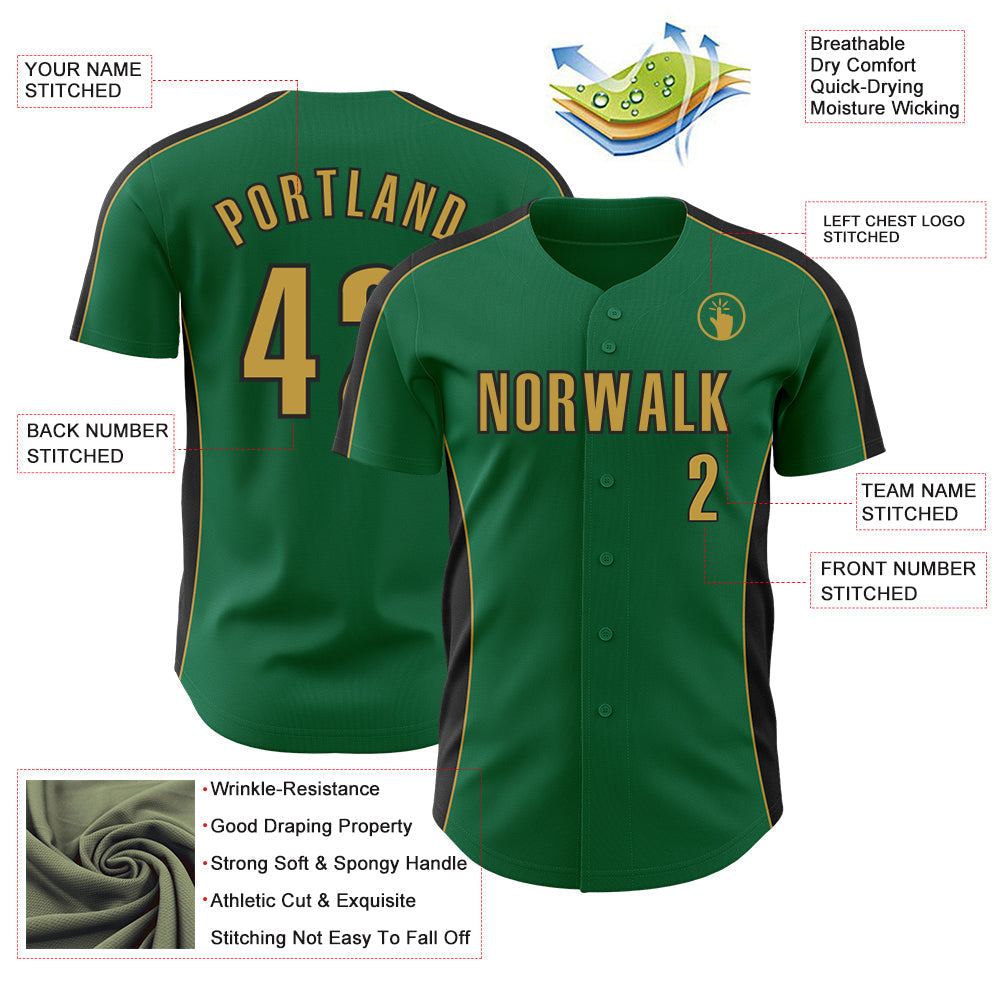 Custom Kelly Green Old Gold-Black Classic Color Block Side Panel Stripe Authentic Baseball Jersey baseball jersey product view 3
