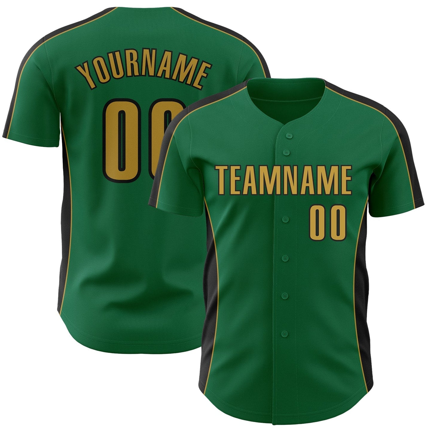Custom Kelly Green Old Gold-Black Classic Color Block Side Panel Stripe Authentic Baseball Jersey baseball jersey product view 1