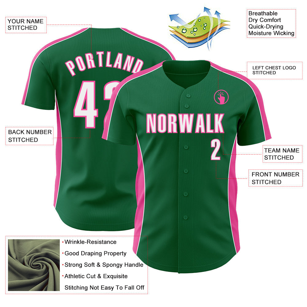 Custom Kelly Green White-Pink Classic Color Block Side Panel Stripe Authentic Baseball Jersey baseball jersey product view 3