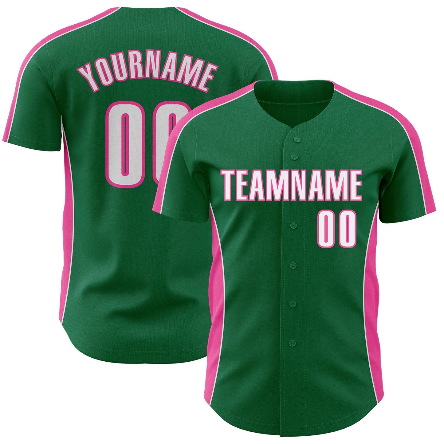 Custom Kelly Green White-Pink Classic Color Block Side Panel Stripe Authentic Baseball Jersey baseball jersey product view 1
