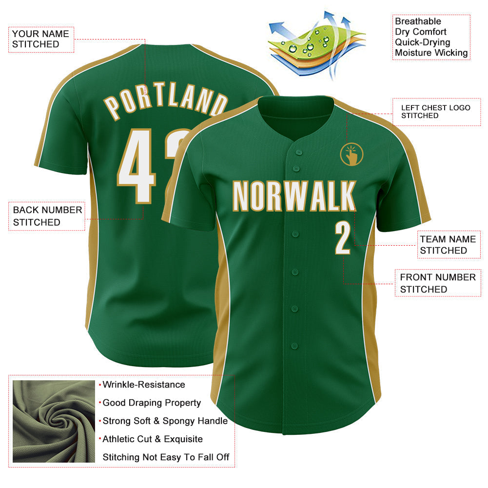 Custom Kelly Green White-Old Gold Classic Color Block Side Panel Stripe Authentic Baseball Jersey baseball jersey product view 3