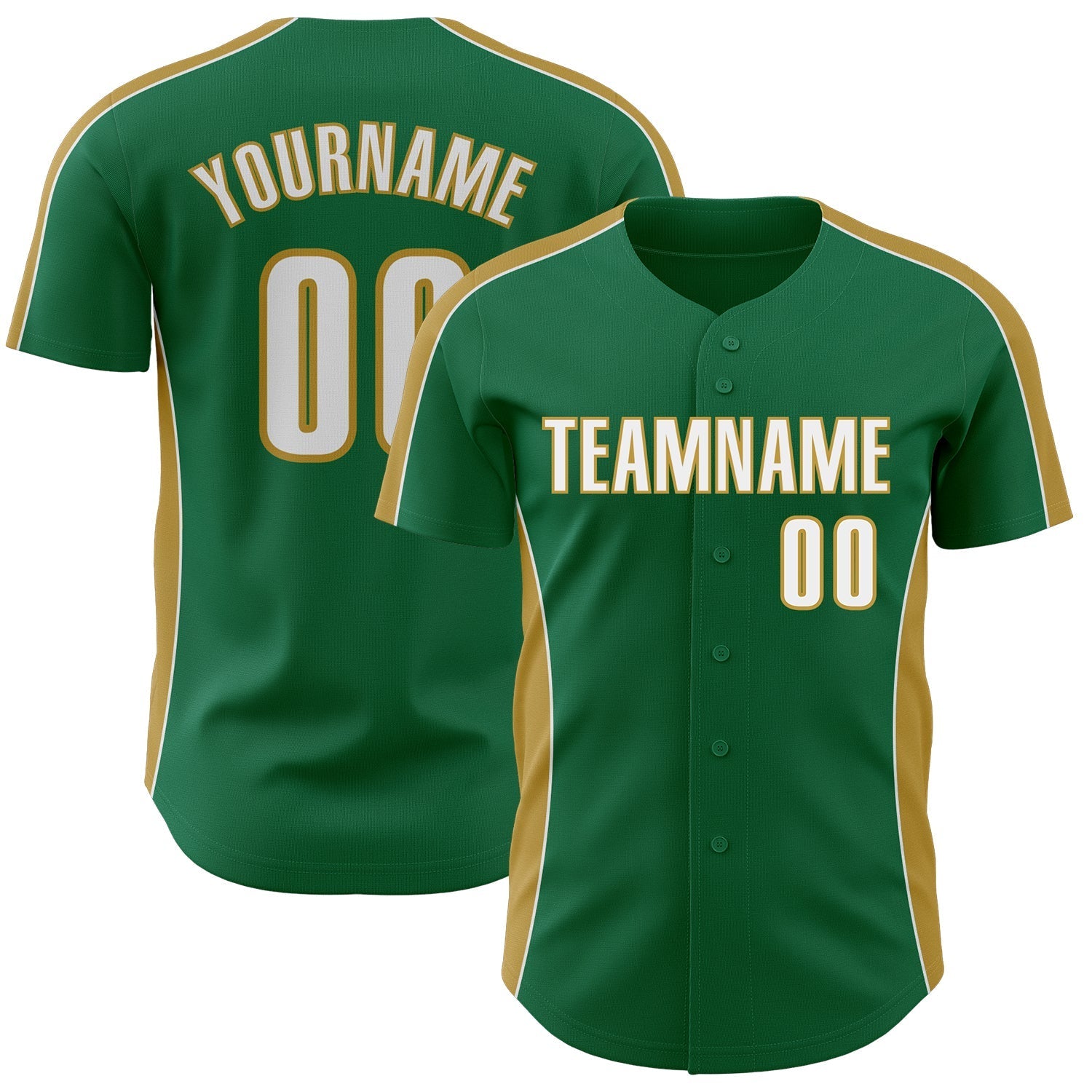 Custom Kelly Green White-Old Gold Classic Color Block Side Panel Stripe Authentic Baseball Jersey baseball jersey product view 1