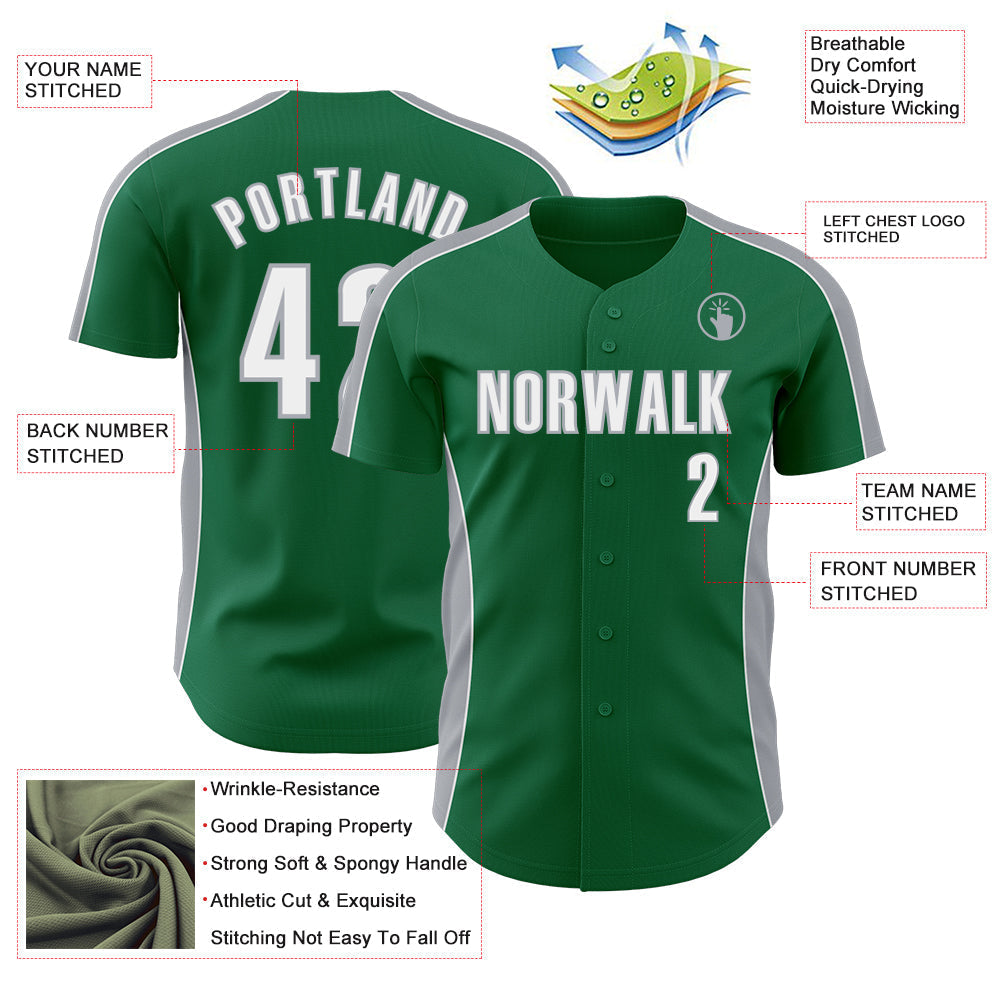 Custom Kelly Green White-Gray Classic Color Block Side Panel Stripe Authentic Baseball Jersey baseball jersey product view 3
