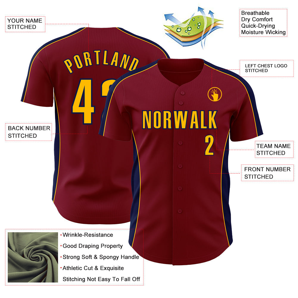 Custom Crimson Gold-Navy Classic Color Block Side Panel Stripe Authentic Baseball Jersey baseball jersey product view 3