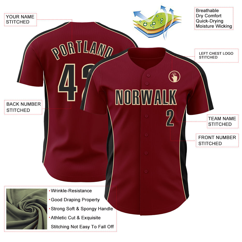 Custom Crimson Black-Cream Classic Color Block Side Panel Stripe Authentic Baseball Jersey baseball jersey product view 3