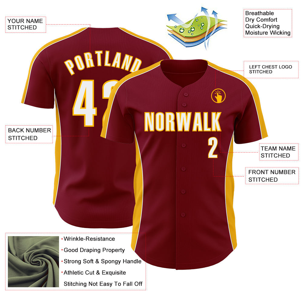 Custom Crimson White-Gold Classic Color Block Side Panel Stripe Authentic Baseball Jersey baseball jersey product view 3
