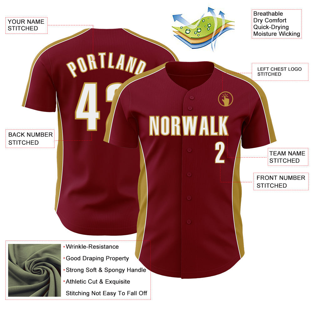 Custom Crimson White-Old Gold Classic Color Block Side Panel Stripe Authentic Baseball Jersey baseball jersey product view 3