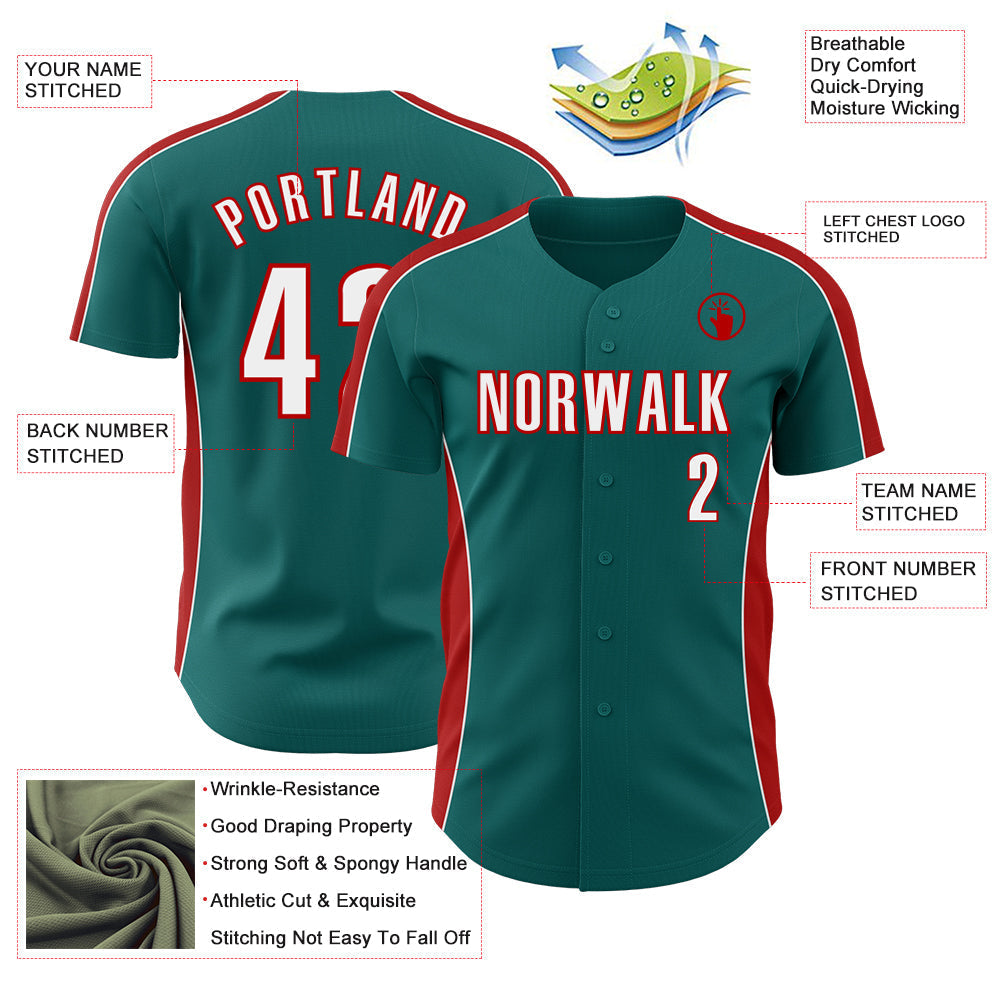 Custom Teal White-Red Classic Color Block Side Panel Stripe Authentic Baseball Jersey baseball jersey product view 3