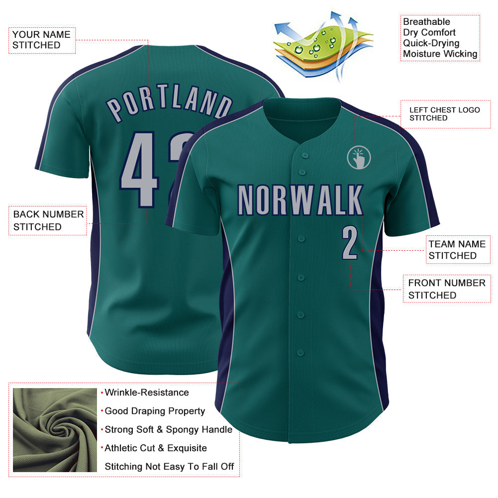 Custom Teal Gray-Navy Classic Color Block Side Panel Stripe Authentic Baseball Jersey baseball jersey product view 3