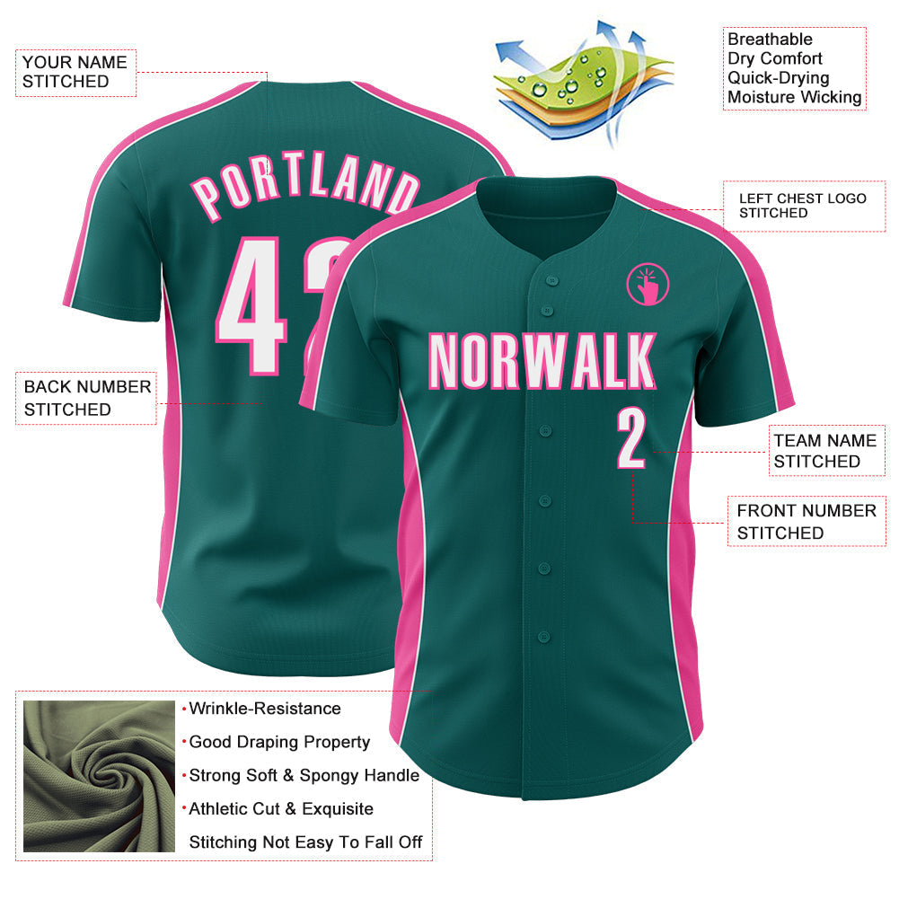 Custom Teal White-Pink Classic Color Block Side Panel Stripe Authentic Baseball Jersey baseball jersey product view 3