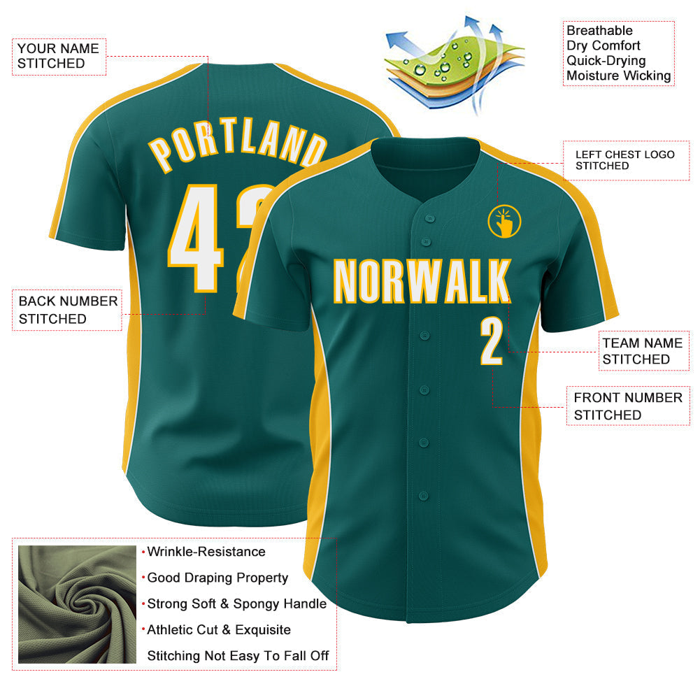 Custom Teal White-Gold Classic Color Block Side Panel Stripe Authentic Baseball Jersey baseball jersey product view 3