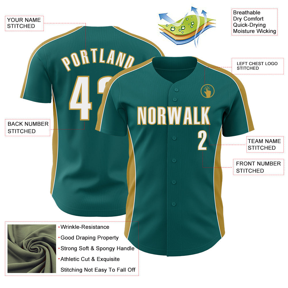 Custom Teal White-Old Gold Classic Color Block Side Panel Stripe Authentic Baseball Jersey baseball jersey product view 3