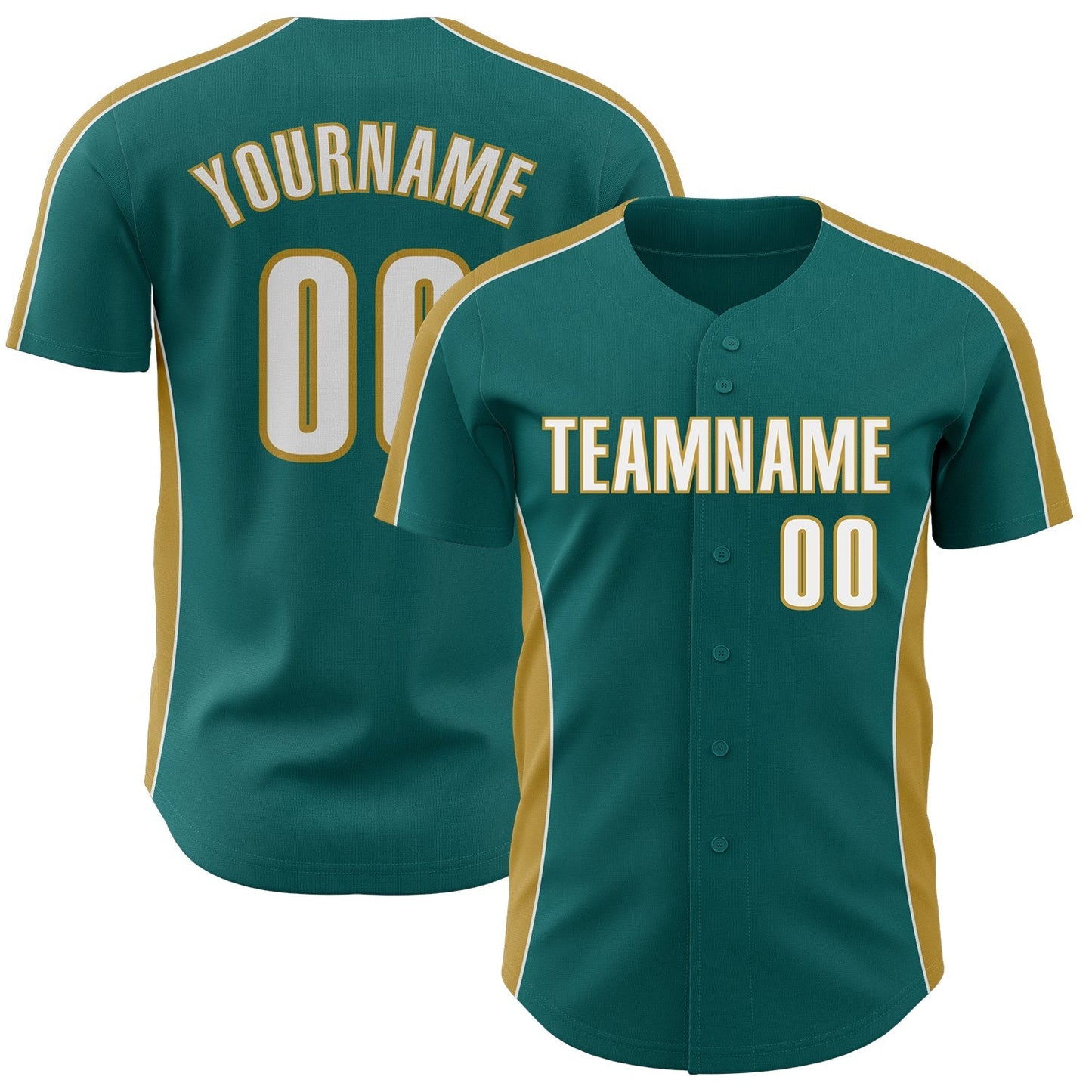 Custom Teal White-Old Gold Classic Color Block Side Panel Stripe Authentic Baseball Jersey baseball jersey product view 1
