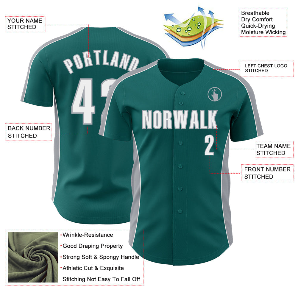 Custom Teal White-Gray Classic Color Block Side Panel Stripe Authentic Baseball Jersey baseball jersey product view 3