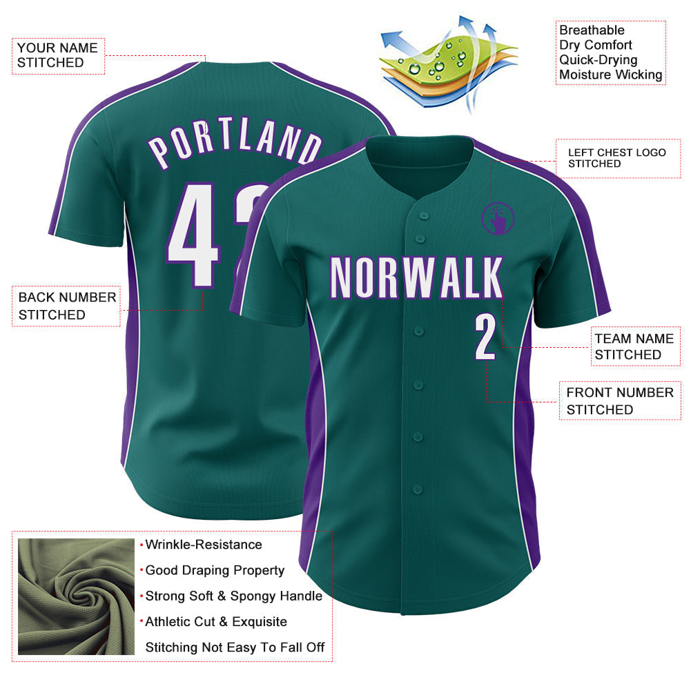 Custom Teal White-Purple Classic Color Block Side Panel Stripe Authentic Baseball Jersey baseball jersey product view 3