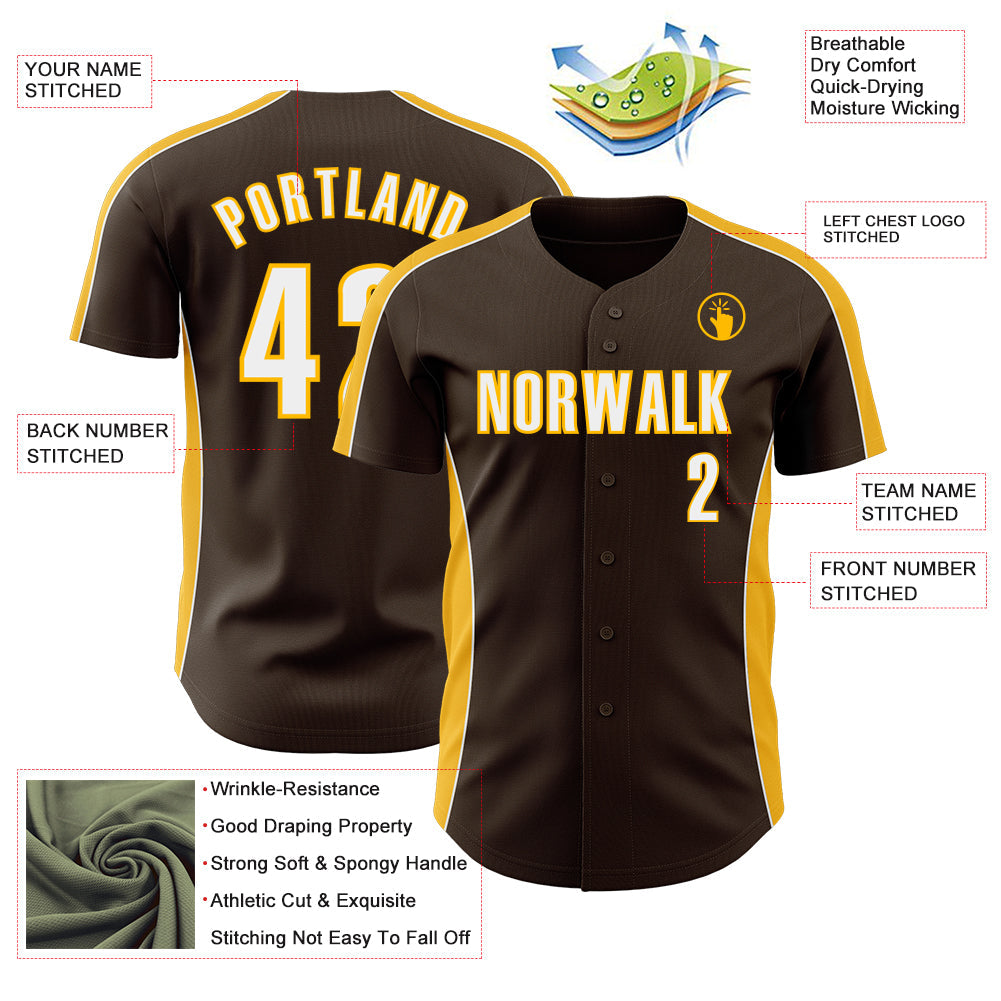 Custom Brown White-Gold Classic Color Block Side Panel Stripe Authentic Baseball Jersey baseball jersey product view 3