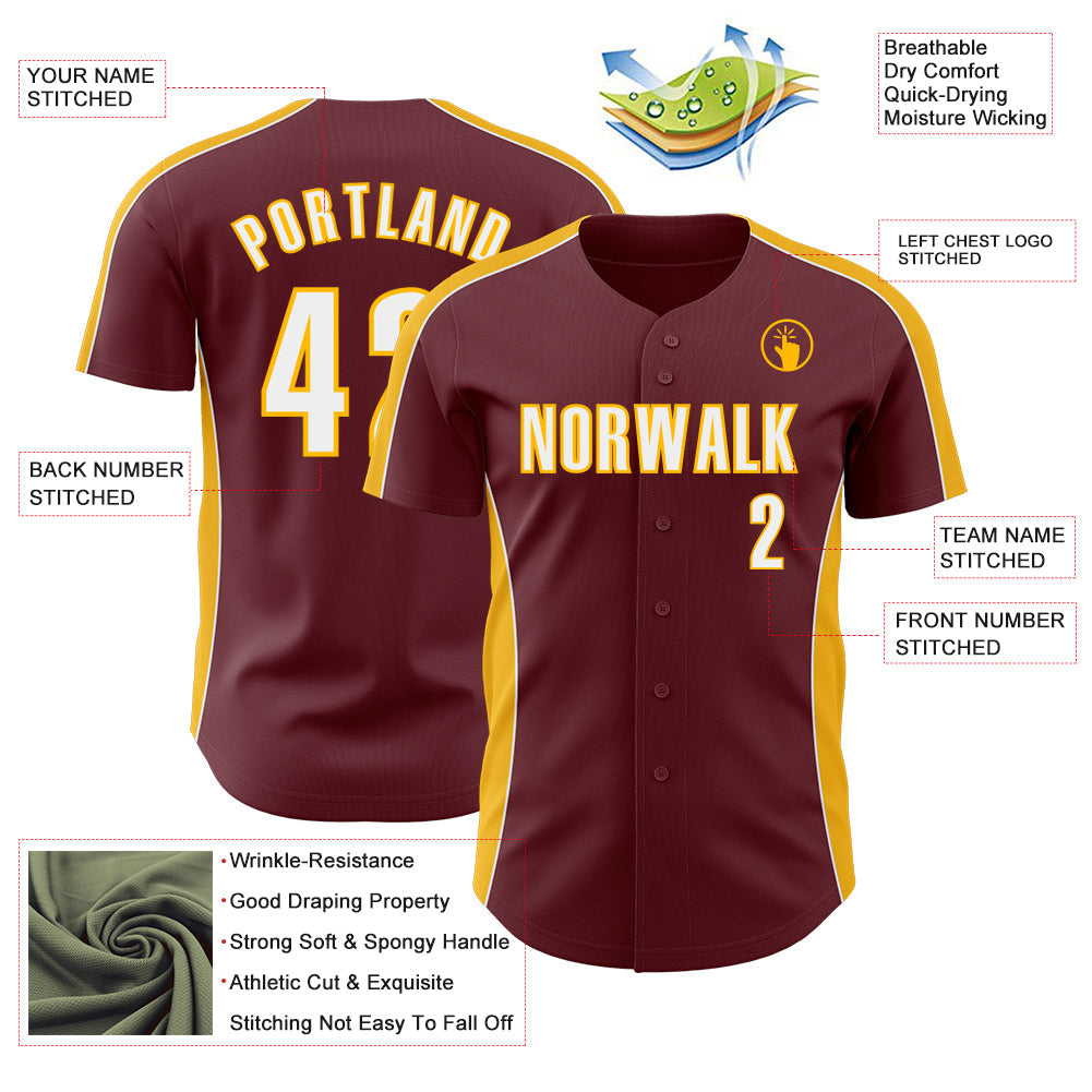 Custom Burgundy White-Gold Classic Color Block Side Panel Stripe Authentic Baseball Jersey baseball jersey product view 3