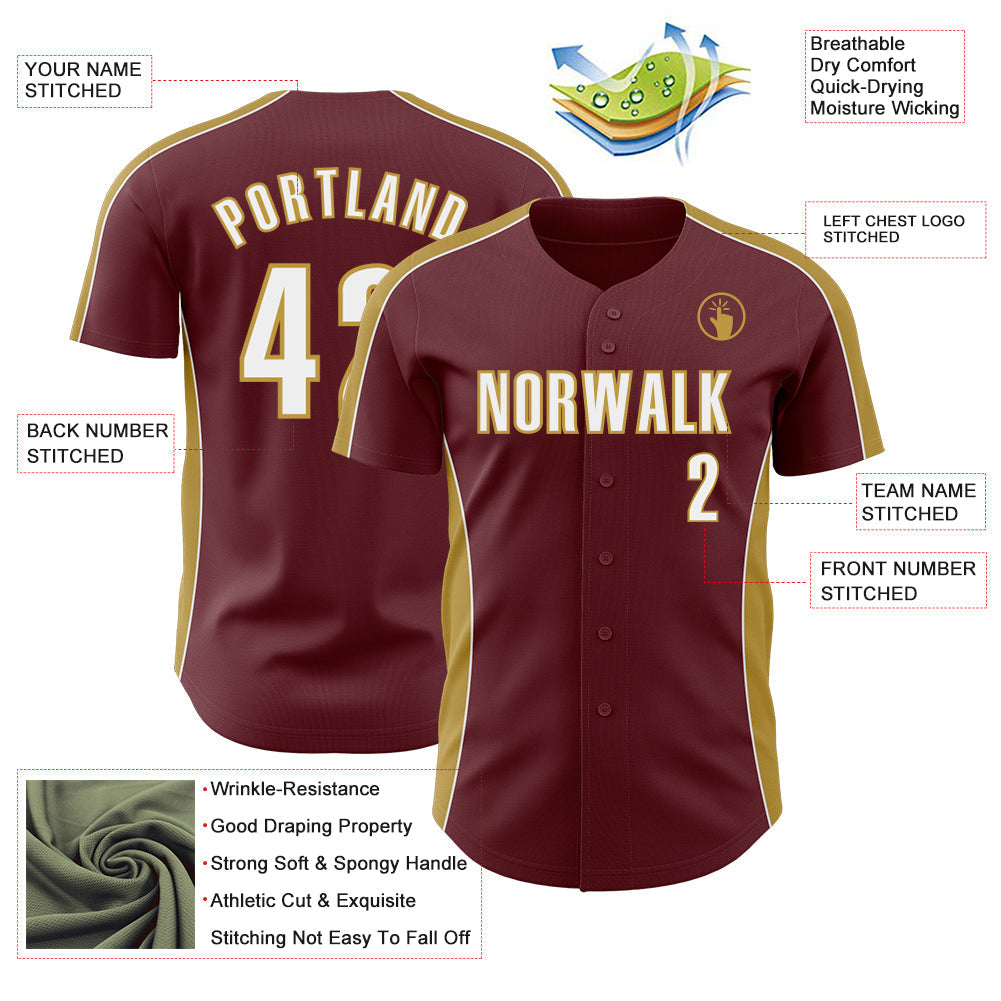 Custom Burgundy White-Old Gold Classic Color Block Side Panel Stripe Authentic Baseball Jersey baseball jersey product view 3
